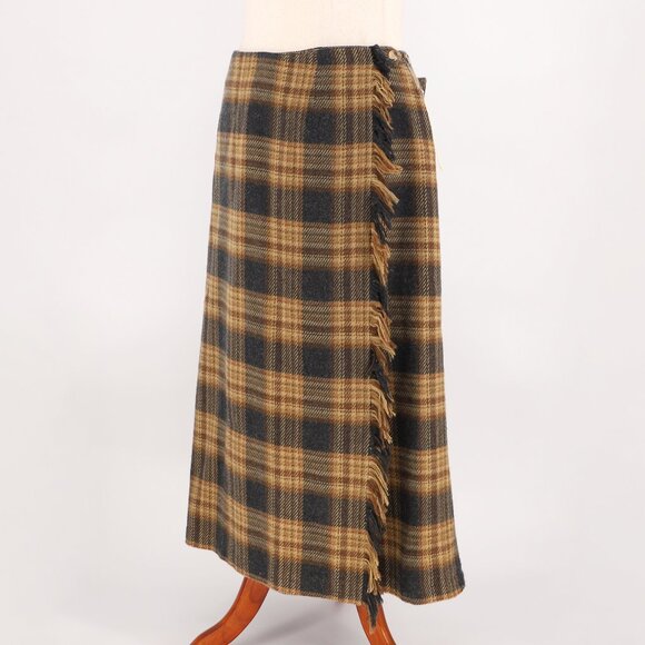 NWT DENIM&CO. Vintage Plaid Fringe Trim Wrap Midi Skirt Wool Blend Size 24W - Picture 2 of 8